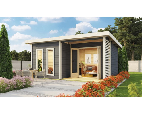 Modern tuinhuis met terras, tuinmeubelen en beplanting.