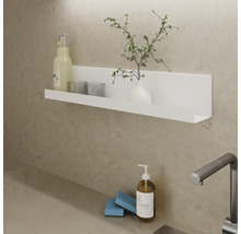 Wandplank met drankje, glazen, vaas en plant boven wastafel met zeepdispenser en spons