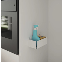 Reinigingsmiddel en spons in een wit wandrek