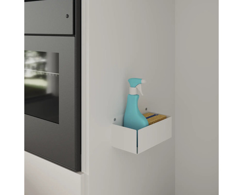 Reinigingsmiddel en spons in een wit wandrek