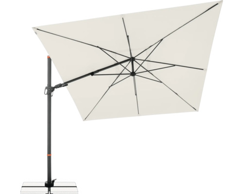 Vierkante zweefparasol voor buiten met een stabiele voet.