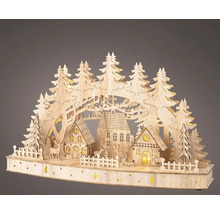 Kerstdecoratie met huizen, dieren en bomen van hout, verlicht
