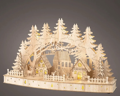 Kerstdecoratie met huizen, dieren en bomen van hout, verlicht