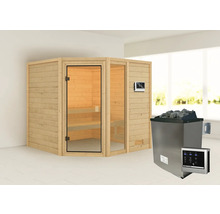 Houten sauna met glazen deur en saunakachel