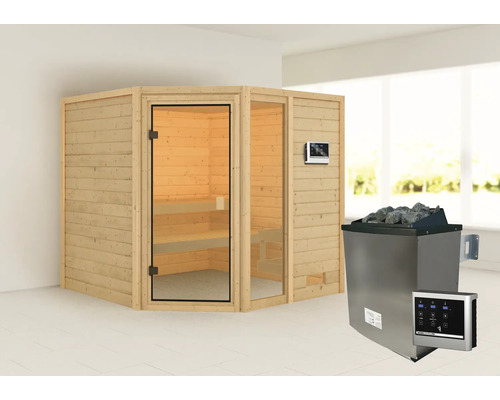 Houten sauna met glazen deur en saunakachel