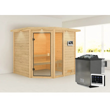 Houten sauna met glazen deur en saunakachel