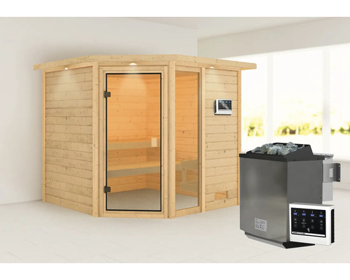 Houten sauna met glazen deur en saunakachel