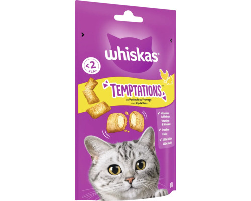 WHISKAS Kattensnack Temptations kip/kaas 60 g Whiskas Temptations kattensnack met kip en kaas in een verpakking