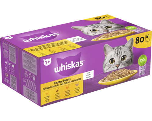 WHISKAS Pouch Multipack kattenvoer adult 4 smaken gevogelte in gelei 80 x 85 g Whiskas kattenvoer gevogelte selectie, 80 stuks