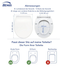 Afmetingen en compatibiliteit van een toiletbril van het merk Bemis met verschillende toiletvormen.