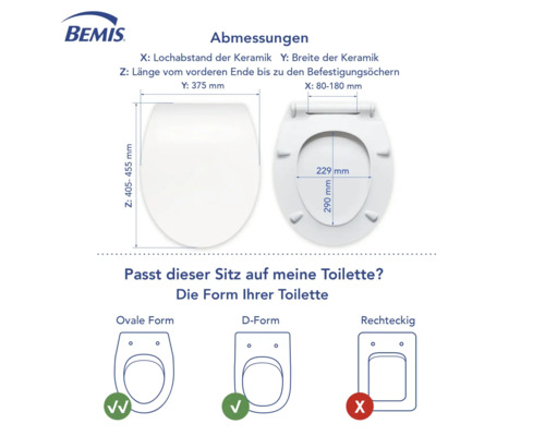 Afmetingen en compatibiliteit van een toiletbril van het merk Bemis met verschillende toiletvormen.