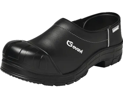 Zwarte veiligheidsschoen met teenbescherming en Gevavi logo