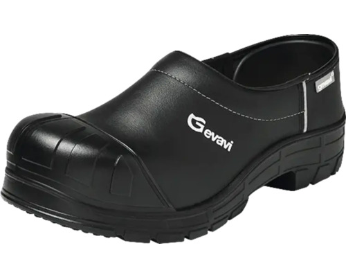 Zwarte veiligheidsschoen met teenbescherming en Gevavi logo
