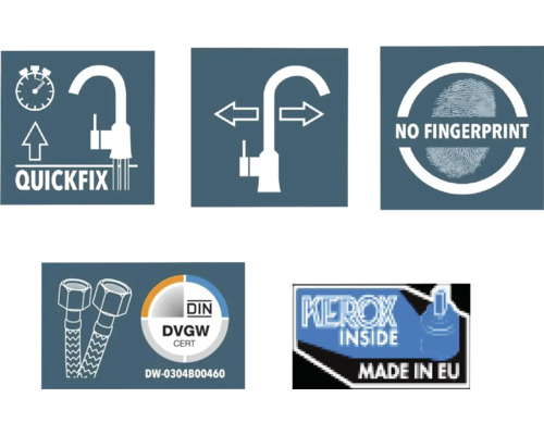 Symbolen voor snelle montage, zwenkbereik, geen vingerafdrukken, Deutsches Institut für Normung DVGW Zert, Made in EU