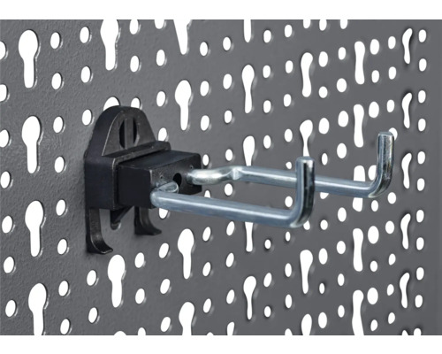 Dubbele haak aan geperforeerde plaat voor gereedschapsopslag