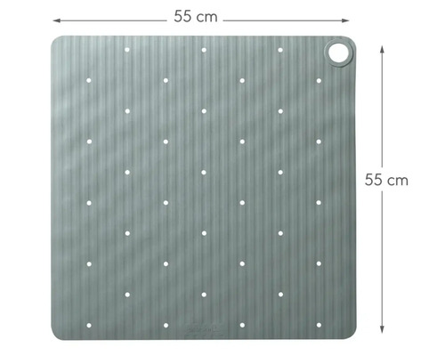 Vierkante badmat met noppen en afmetingen van 55 bij 55 centimeter.