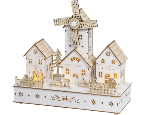 Decoratieve, verlichte kerstpiramide met windmolen en huizen