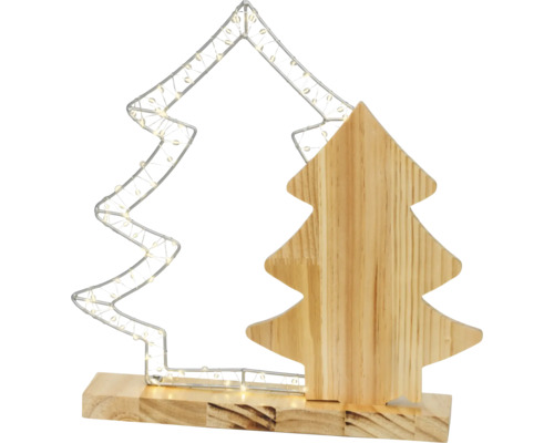 LUMINEO Kerstverlichting LED decoratie boom hout 14 lampjes warmwit 6,4 x 38 x 37,4 cm Decoratieve kerstboomfiguur met metalen frame en houten element op houten voet