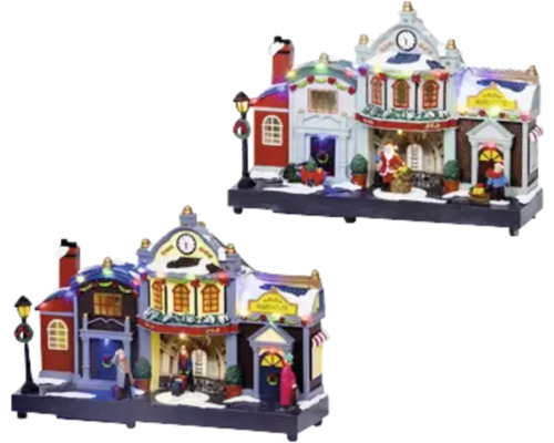 Twee decoratieve kerstdorp miniaturen met verlichte huizen en figuren