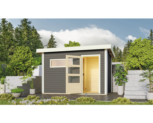 Modern tuinhuis met raam en open deur in tuinlandschap