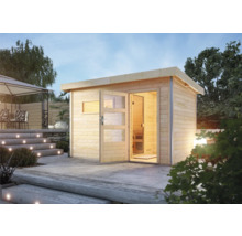 Houten sauna met glazen deur in de tuin