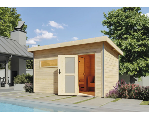 Moderne houten sauna met open deuren in de buitenruimte.
