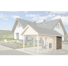 Carport met uitbouw en fiets voor woonhuis