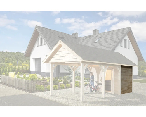 Carport met uitbouw en fiets voor woonhuis