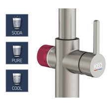 Kraan met frisdrank-, zuiver- en koelwaterfunctie en Keo-logo