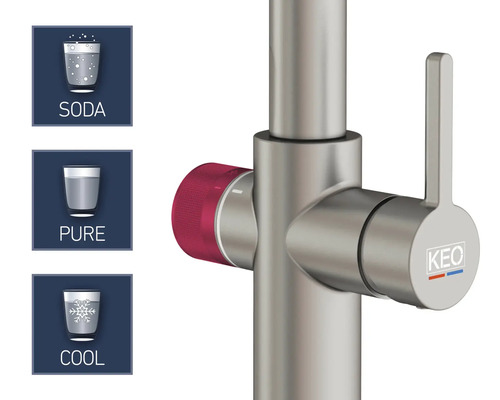 Kraan met frisdrank-, zuiver- en koelwaterfunctie en Keo-logo