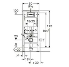 Technische tekening van een inbouwreservoir met afmetingen