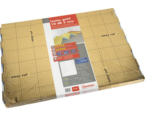 Isotac Gold geluidsreducerende ondervloer, 10 decibel, 5 millimeter dik, met rasterprint en de markering eenvoudig op maat te snijden.