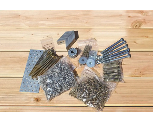 Bevestigingsmaterialen zoals schroeven, moeren, hoekstukken en bouten op een houten ondergrond