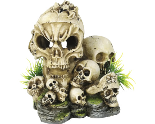 ORBIT Aquariumdecoratie Multi schedels beige 12 x 10 x 14 cm Decoratieve schedelgroep met kunstplanten als aquariumdecoratie