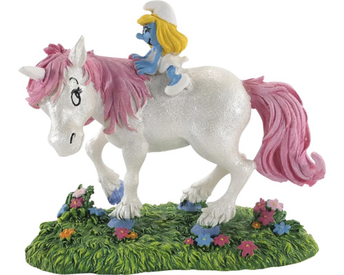 ORBIT Aquariumdecoratie Eenhoorn met smurf zilver-roze 15 x 8 x 13 cm Smurfin rijdt op eenhoornfiguur op gras