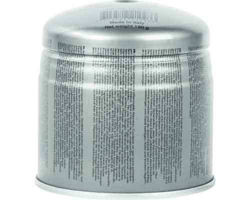 Gaspatroon met waarschuwingen en veiligheidsinstructies.