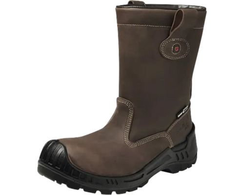 Hoge bruine veiligheidslaars met zwarte zool en beschermende neus