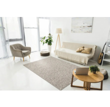 Woonkamer met vloerkleed, fauteuil, bank en salontafel in een lichte uitvoering