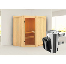 Houten hoeksauna met saunakachel