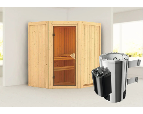 Houten hoeksauna met saunakachel