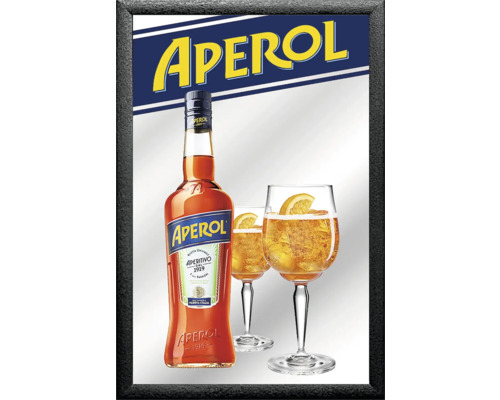 Bedrukte spiegel Aperol 22x32 cm Aperol fles en twee Aperol Spritz glazen in een zwart frame
