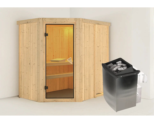 Sauna met kachel en glazen deur