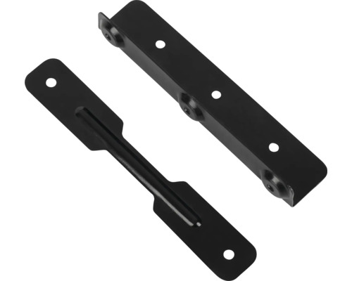 Twee zwarte meubelverbinders van metaal met gaten voor bevestiging
