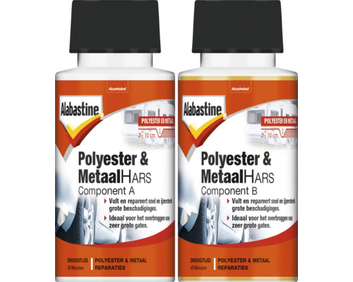 ALABASTINE Polyester & metaal hars set 200 ml Twee flessen Alabastine Polyester en Metaal Hars Component A en Component B