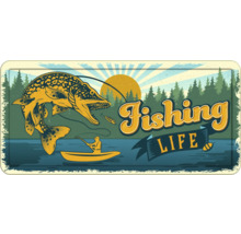 Vissersmotief met vis, visser, boot en belettering Fishing Life
