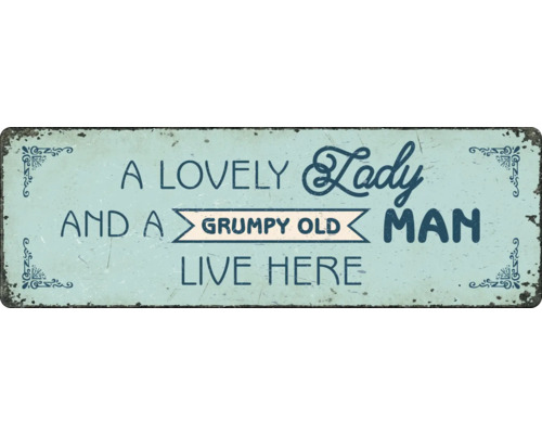 PLENTY GIFTS Metalen bord A lovely lady and a grumpy old man live here 27x9 cm