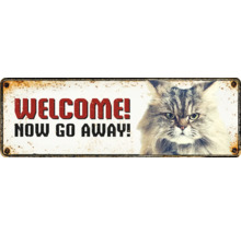 Decoratief bord met kat en de tekst welkom ga nu weg