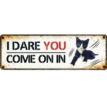 Decoratief metalen bord met de tekst Ik daag je uit Kom binnen en een kat