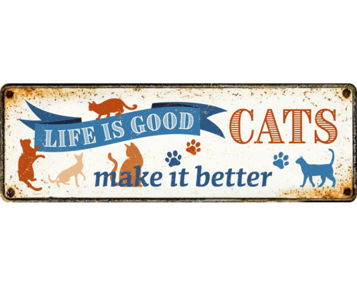 PLENTY GIFTS Metalen bord Life is good cats make it better 27x9 cm