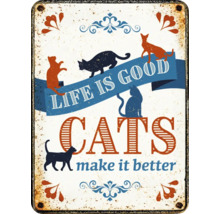 Decoratief bord met kattenmotief en de spreuk Het leven is goed. Katten maken het beter.